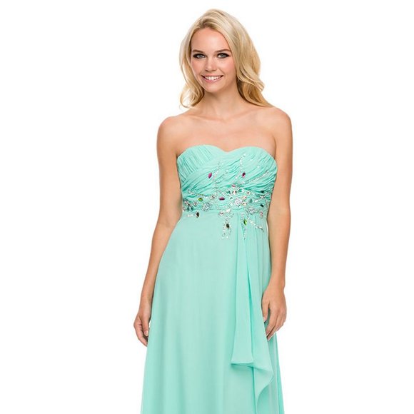NEW LONG SLEEVELESS STRAPLESS A-LINE DRESS EMBROIDERED WITH RHINESTONES NX 2730 - Picture 1 of 8